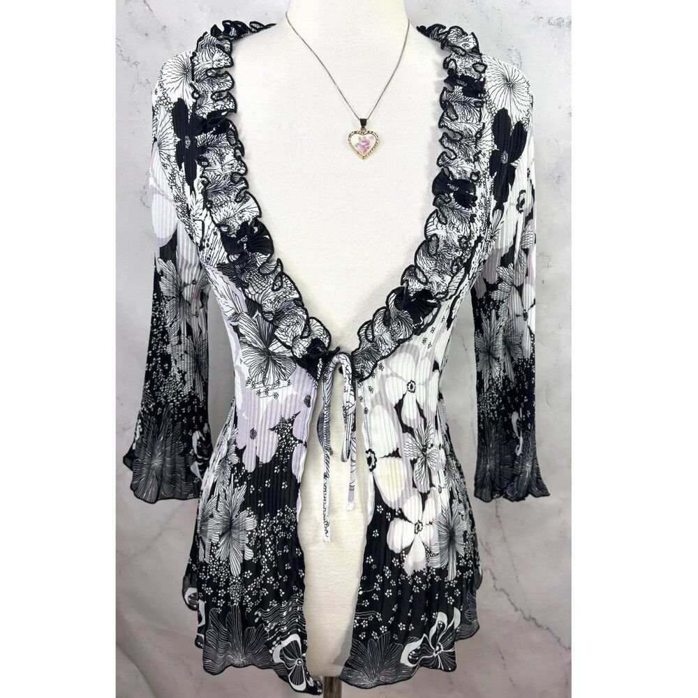 Vtg Y2K Blouse M Accordion pleat stretch tie front Floral Gothic Ruffled Fairy